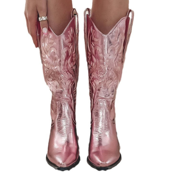 Geborduurde Puntige Neus Dikke Hak Westerse Laarzen