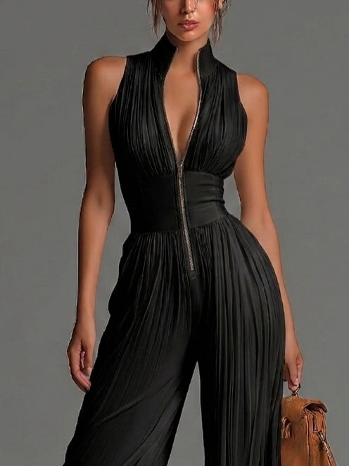 Blanche™ | V-hals Mouwloze Rits Plissé Wijde Pijpen Chiffon Jumpsuit