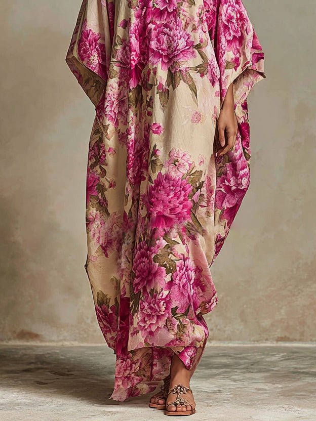 Floral Art Resort V-hals Batwing Mouw Kaftan Maxi Jurk - Bellanza