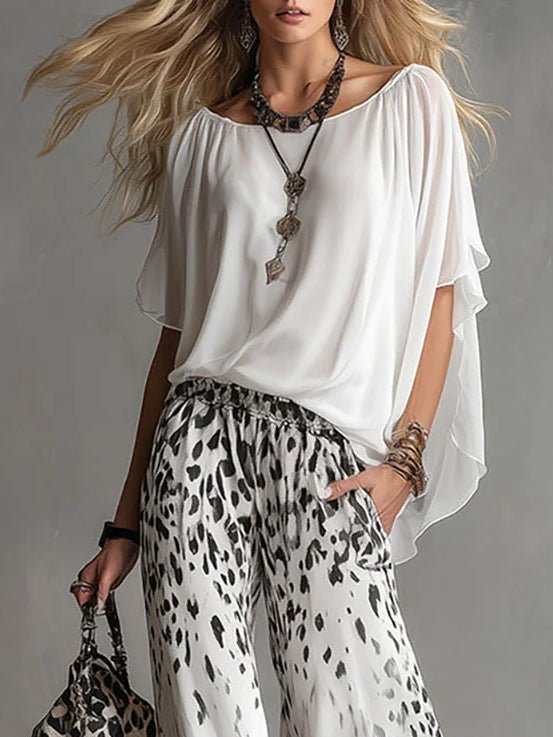 Flowy Witte T-shirt En Luipaardprint Chiffon Broek Set - Bellanza