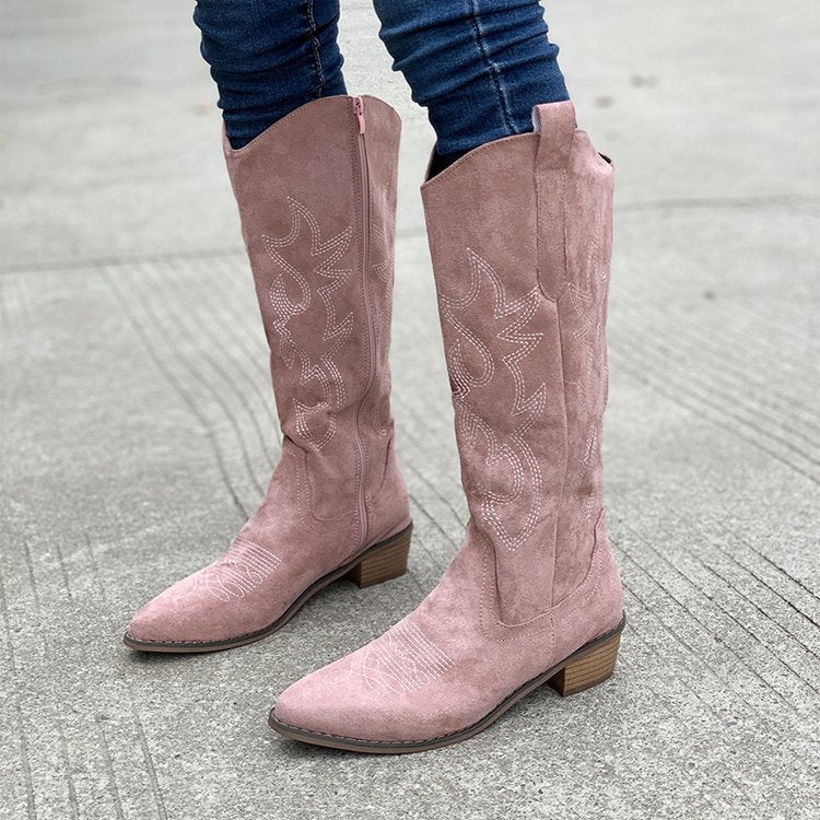Geborduurde Denim Hoge Chunky-heeled Western Boots - Bellanza