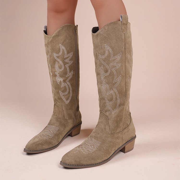 Geborduurde Denim Hoge Chunky-heeled Western Boots - Bellanza