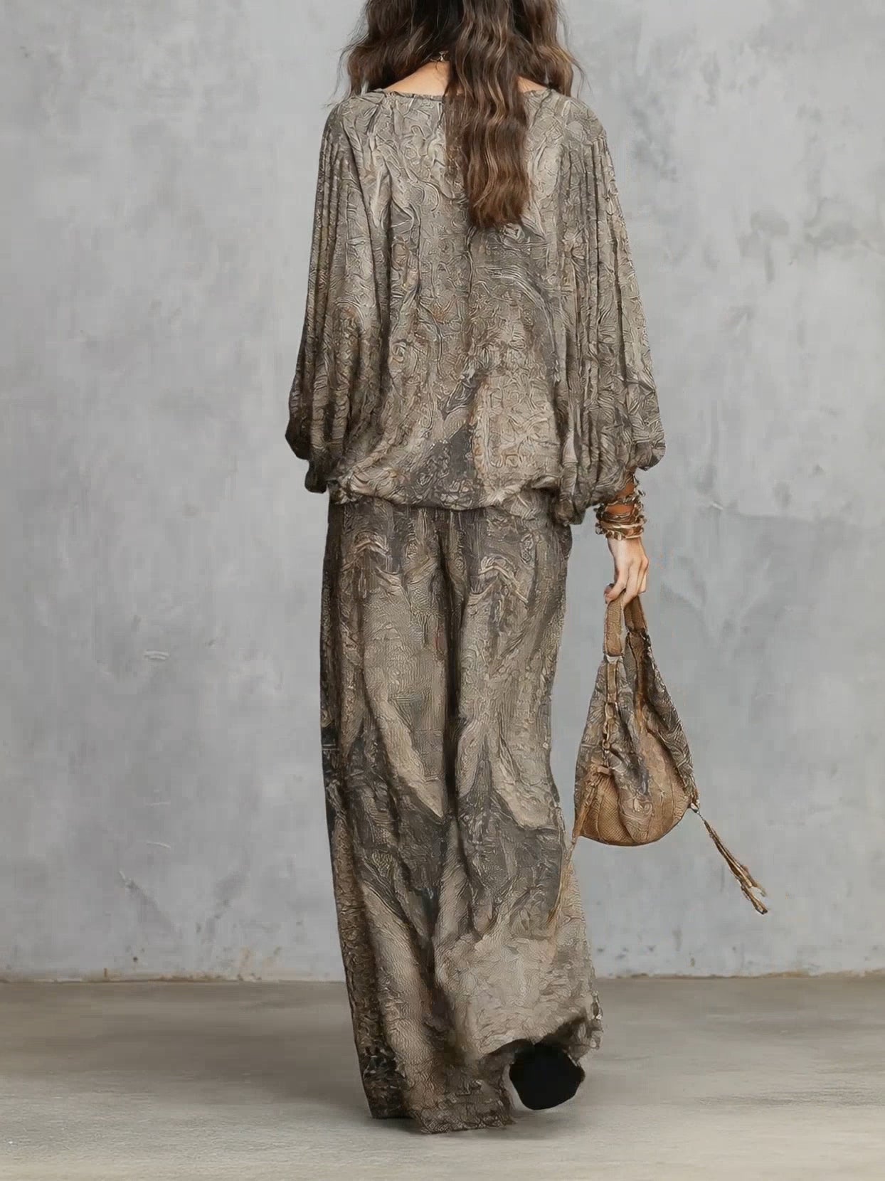 Grijze Paisley Patroon Lantern Mouw Top En Wijde Broek Set - Bellanza