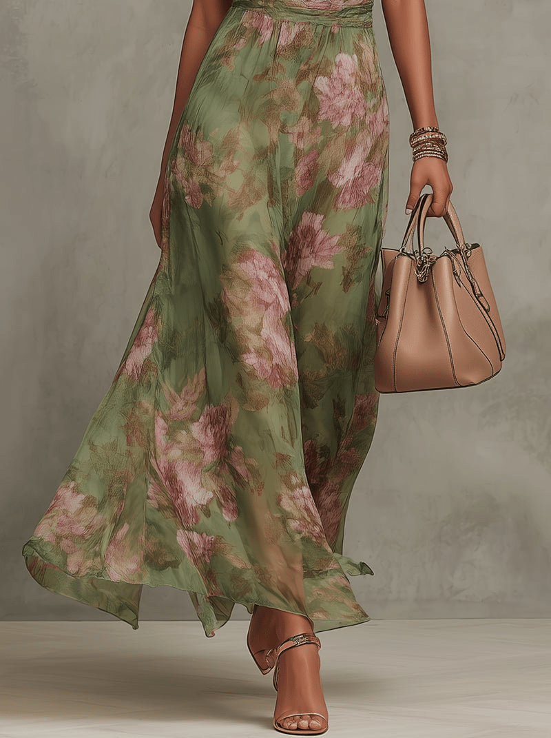 Groene Bloemen Chiffon Halter Maxi Jurk - Bellanza
