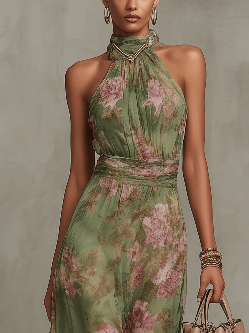 Groene Bloemen Chiffon Halter Maxi Jurk - Bellanza