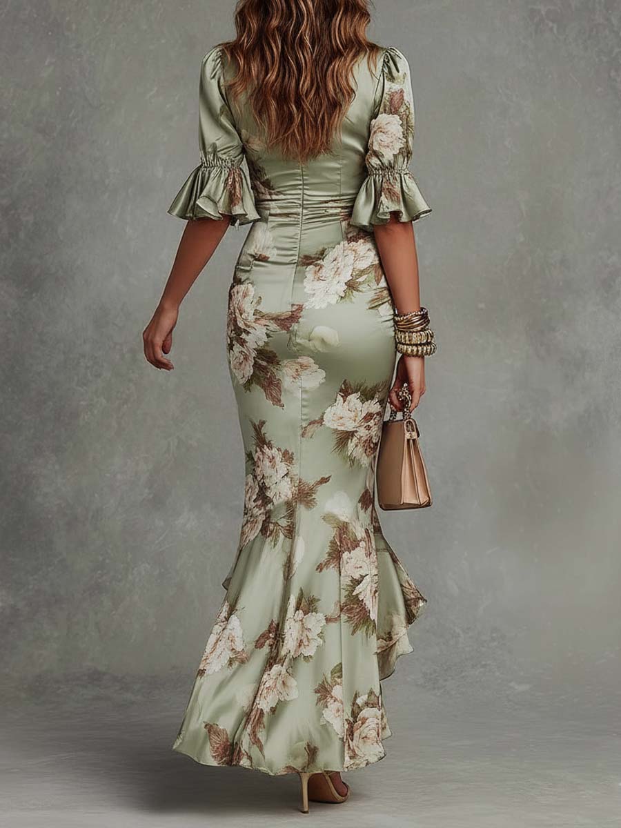 Groene Bloemen Rimpel Bell Sleeve V-hals Satin Asymmetrische Maxi Jurk - Bellanza