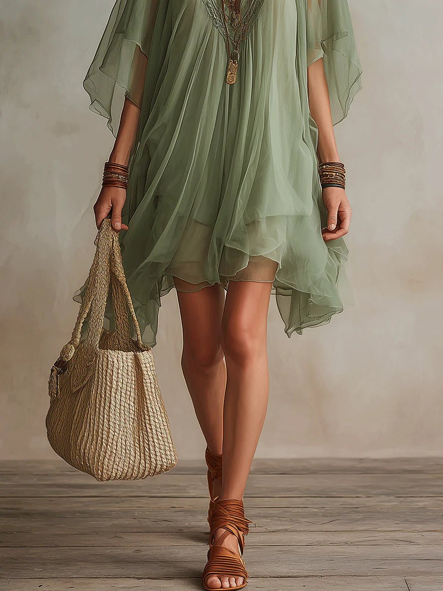 Groene Chiffon V-hals Gelaagde Vloeiende Mini Jurk - Bellanza