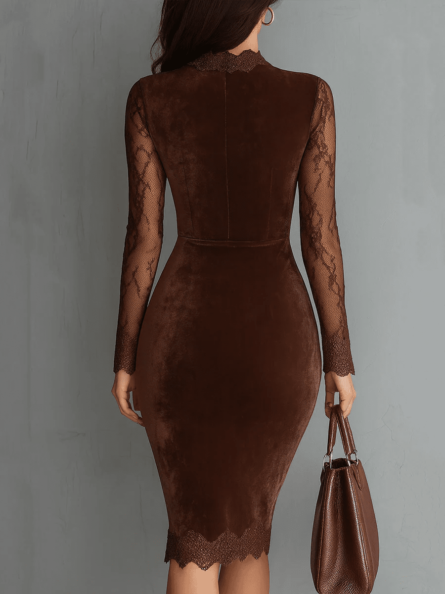 Helen™ - Bruin Vintage Sleutelgat Halslijn Kanten Mouwen Fluwelen Mini Jurk - Bellanza