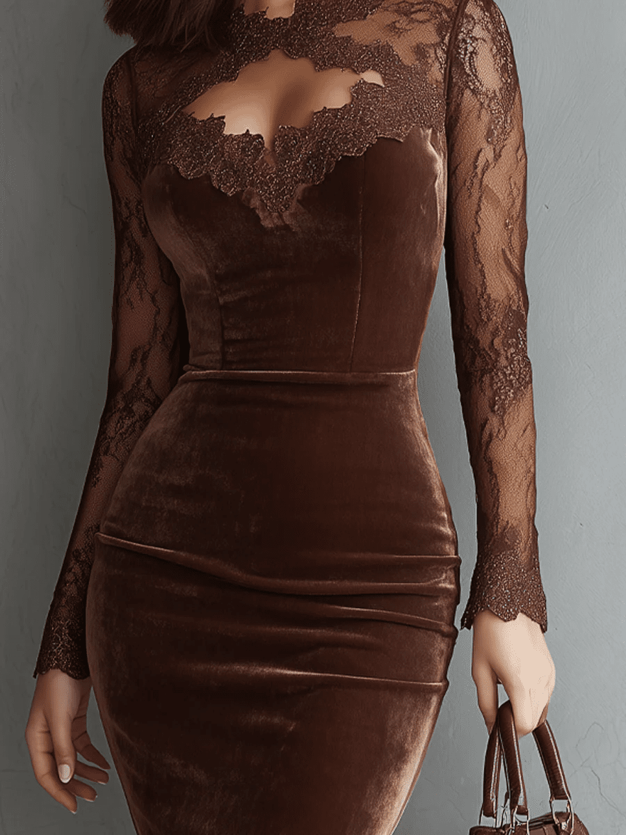 Helen™ - Bruin Vintage Sleutelgat Halslijn Kanten Mouwen Fluwelen Mini Jurk - Bellanza