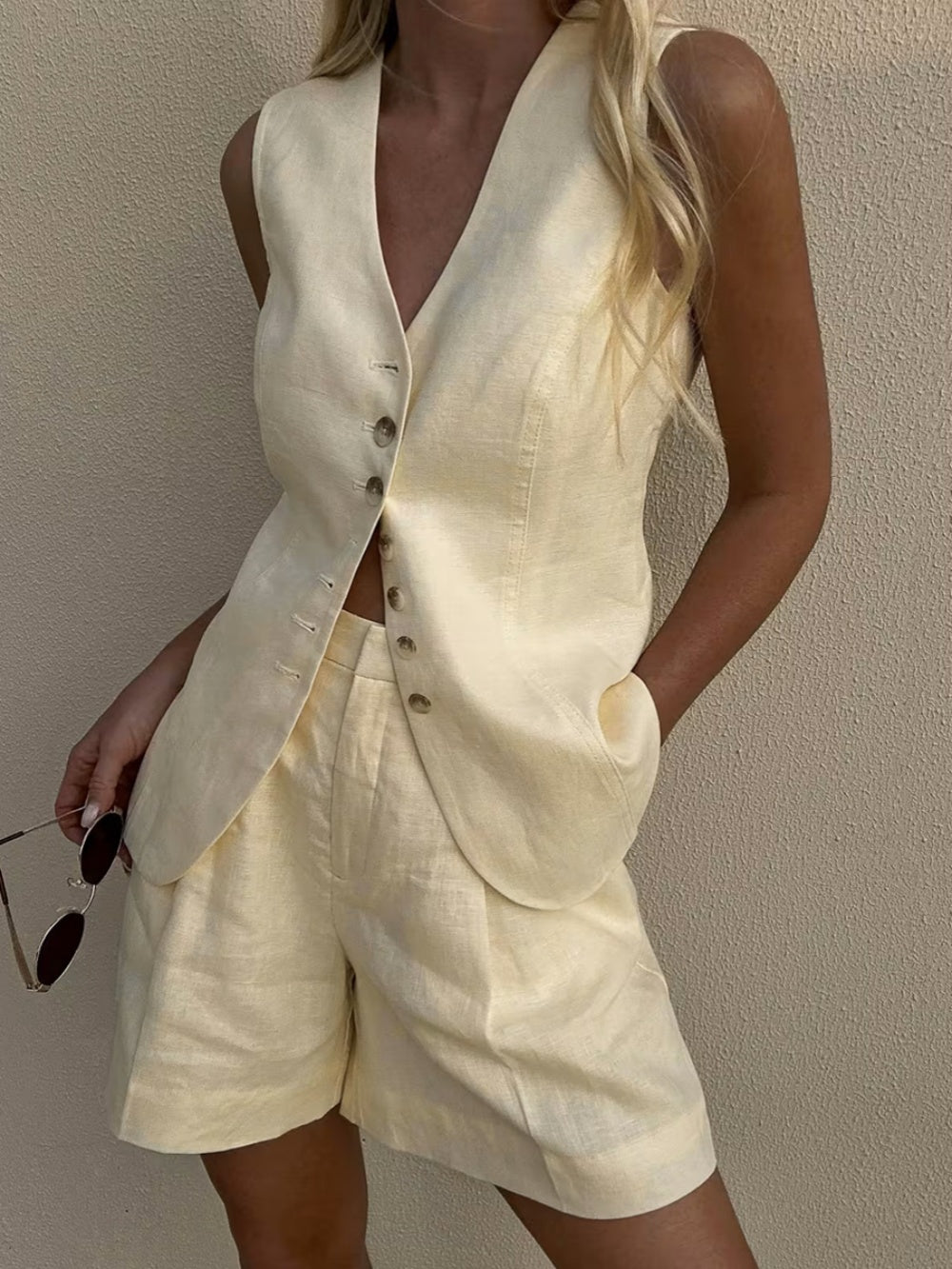 Katoenen en Linnen Vest + Shorts Set - bellanza