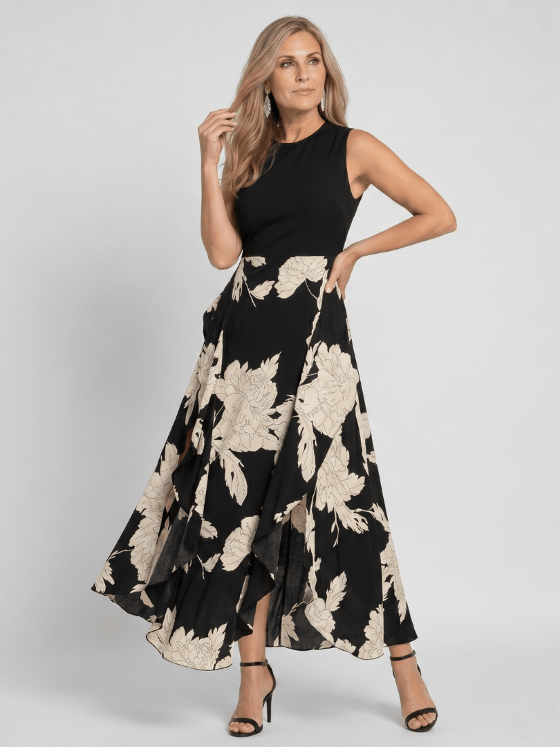 Klasen | Mouwloze Bloemenprint Midi Jurk met Hoge Lage Zoom - Bellanza