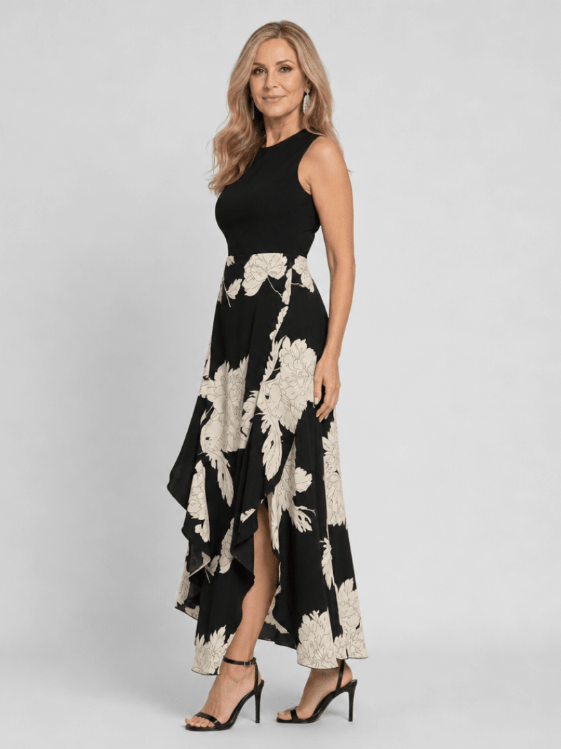 Klasen | Mouwloze Bloemenprint Midi Jurk met Hoge Lage Zoom - Bellanza