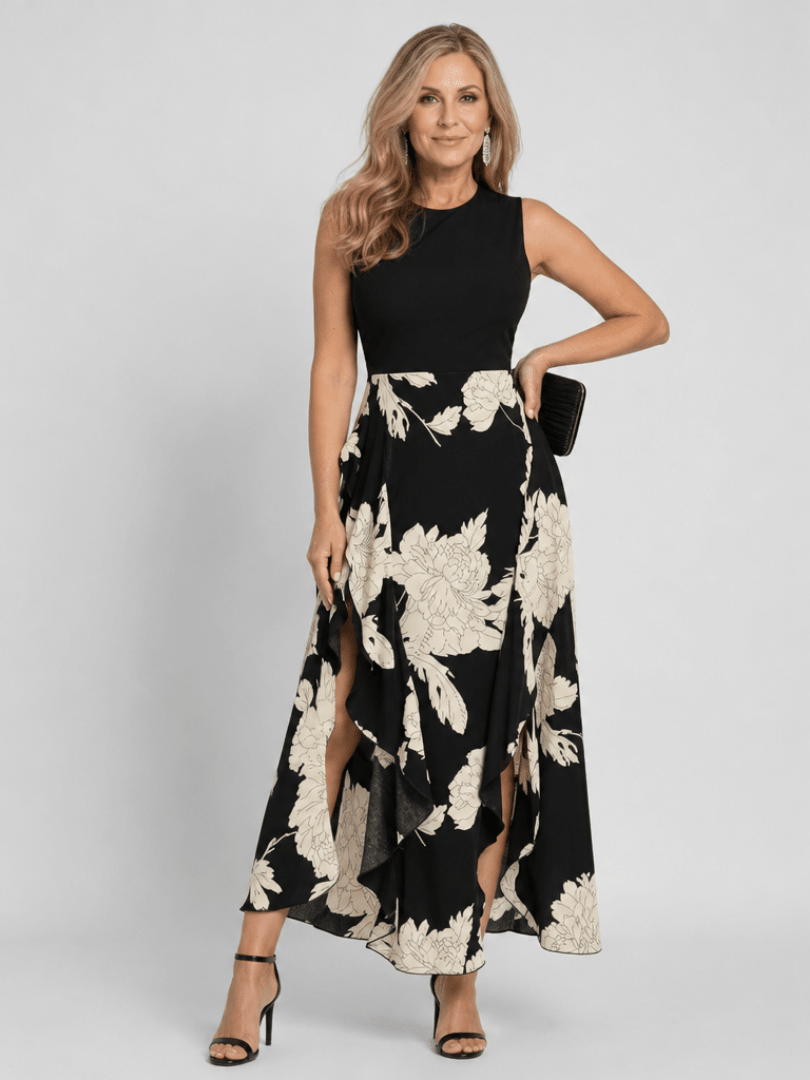 Klasen | Mouwloze Bloemenprint Midi Jurk met Hoge Lage Zoom - Bellanza