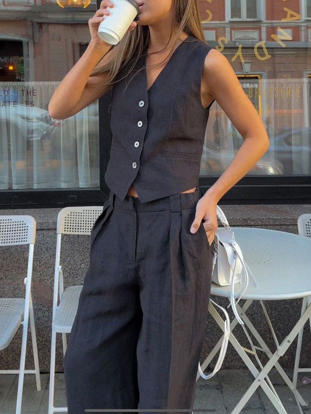 Klassieke V - hals Plissé Katoenen en Linnen Wijde Pantalon Set - bellanza