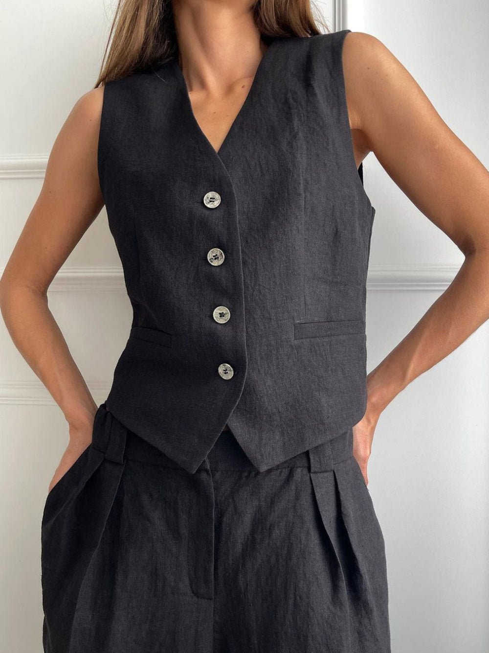 Klassieke V - hals Plissé Katoenen en Linnen Wijde Pantalon Set - bellanza