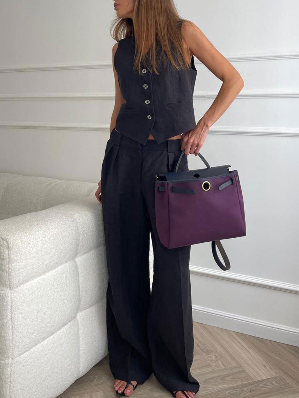 Klassieke V - hals Plissé Katoenen en Linnen Wijde Pantalon Set - bellanza