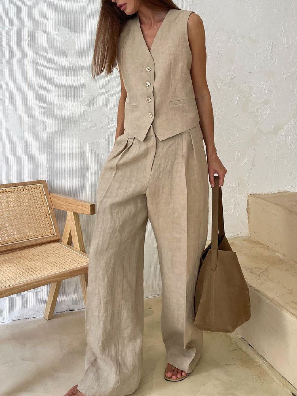Klassieke V - hals Plissé Katoenen en Linnen Wijde Pantalon Set - bellanza