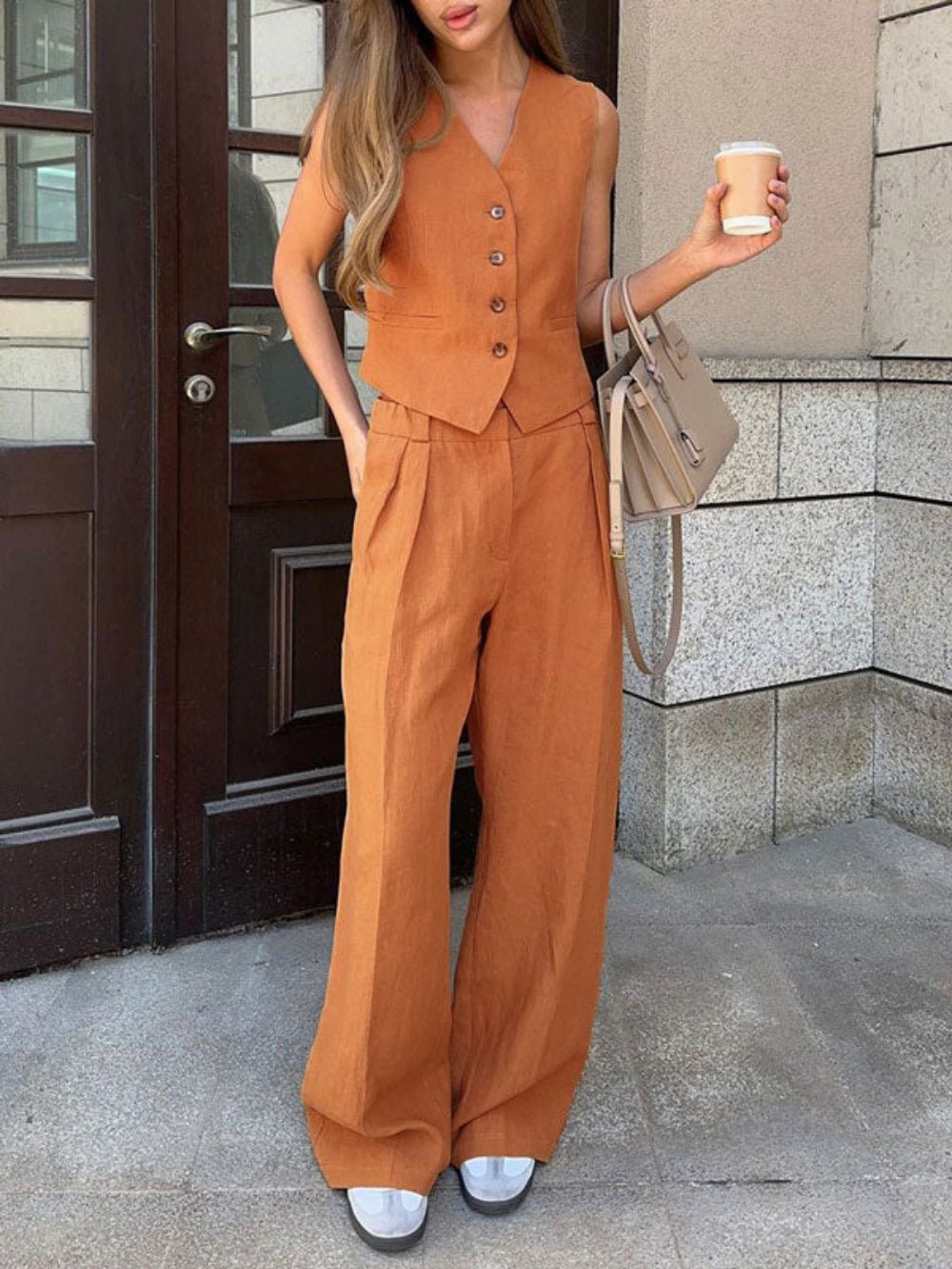 Klassieke V - hals Plissé Katoenen en Linnen Wijde Pantalon Set - bellanza