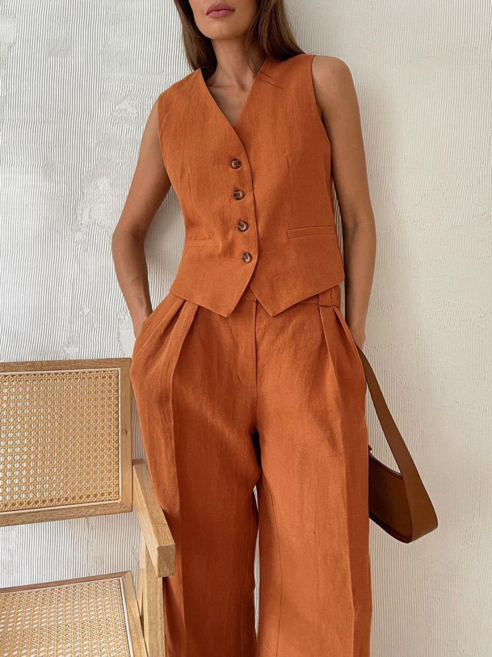 Klassieke V - hals Plissé Katoenen en Linnen Wijde Pantalon Set - bellanza