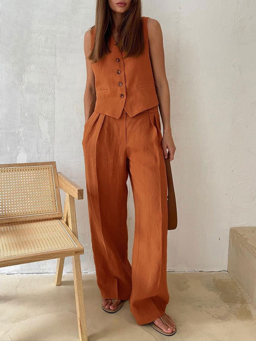 Klassieke V - hals Plissé Katoenen en Linnen Wijde Pantalon Set - bellanza