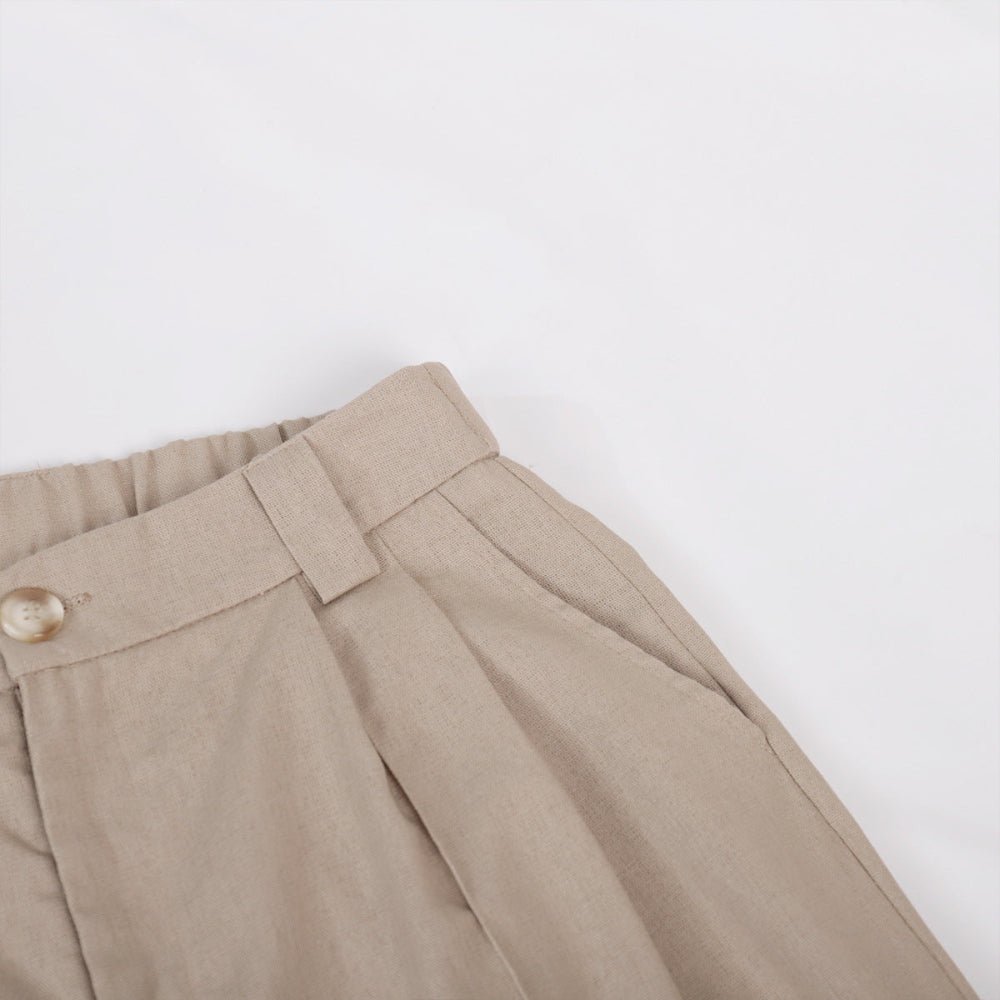 Klassieke V - hals Plissé Katoenen en Linnen Wijde Pantalon Set - bellanza