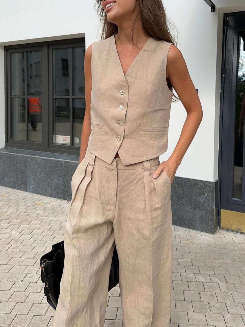 Klassieke V - hals Plissé Katoenen en Linnen Wijde Pantalon Set - bellanza
