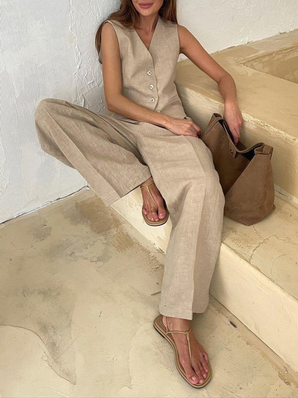 Klassieke V - hals Plissé Katoenen en Linnen Wijde Pantalon Set - bellanza