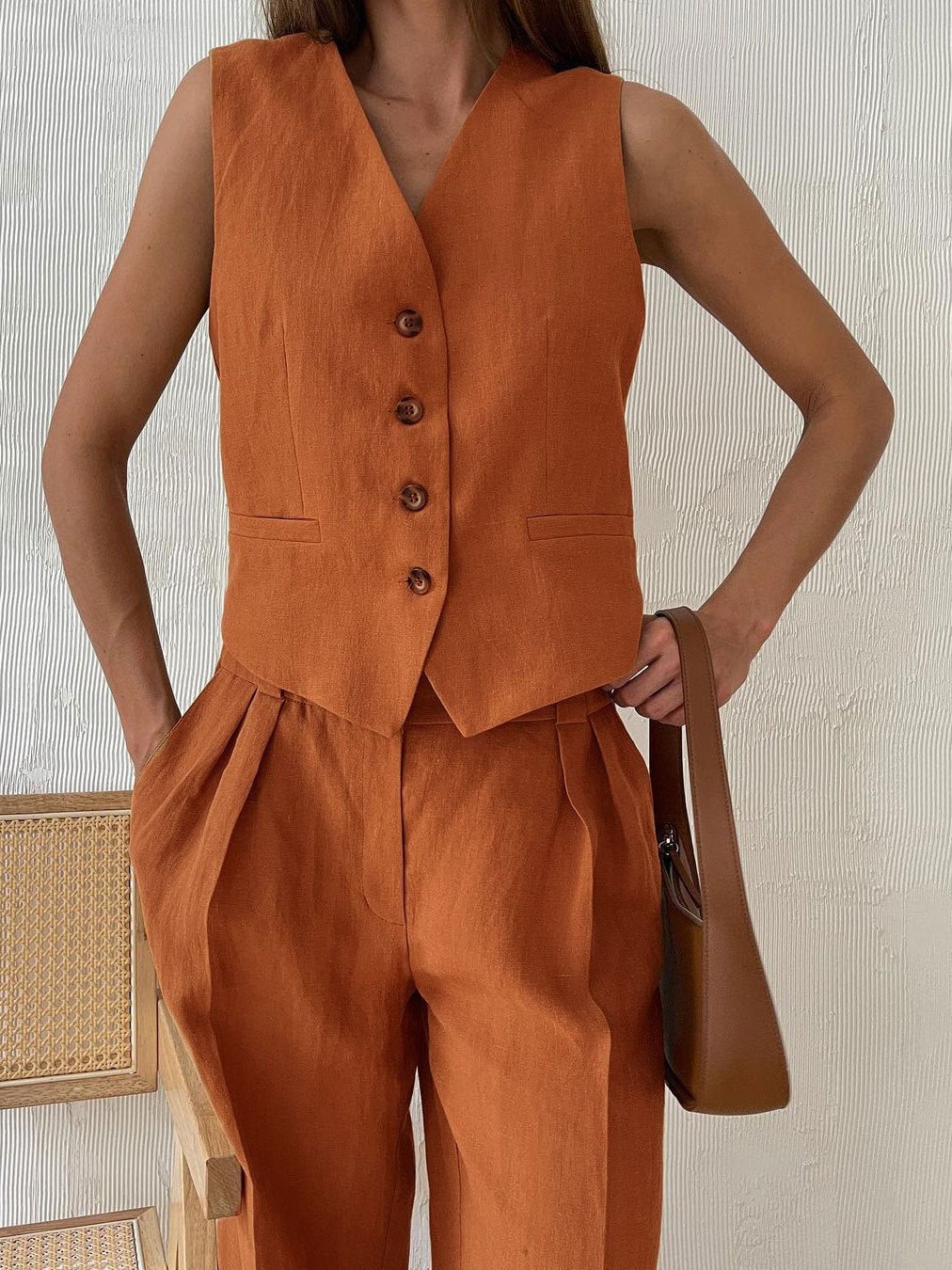 Klassieke V - hals Plissé Katoenen en Linnen Wijde Pantalon Set - bellanza