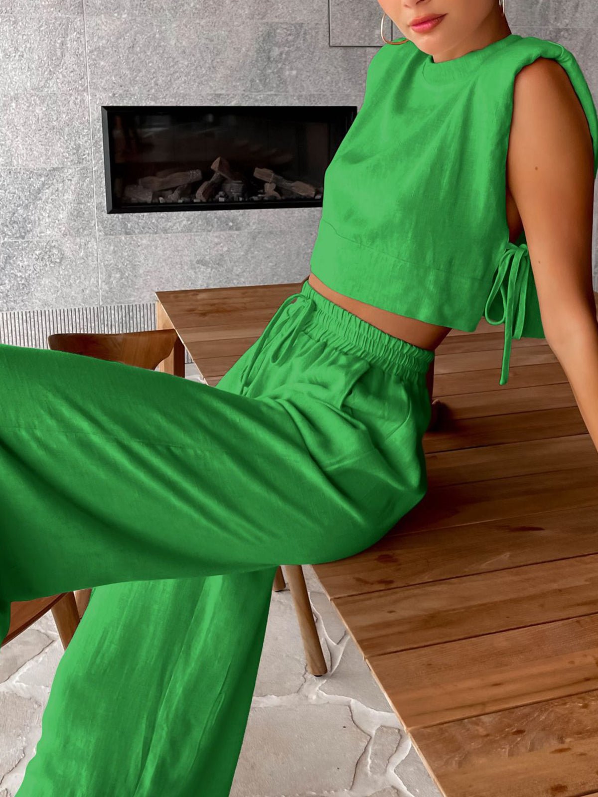Linnen Twee Delige Wijde Pantalon Set - bellanza