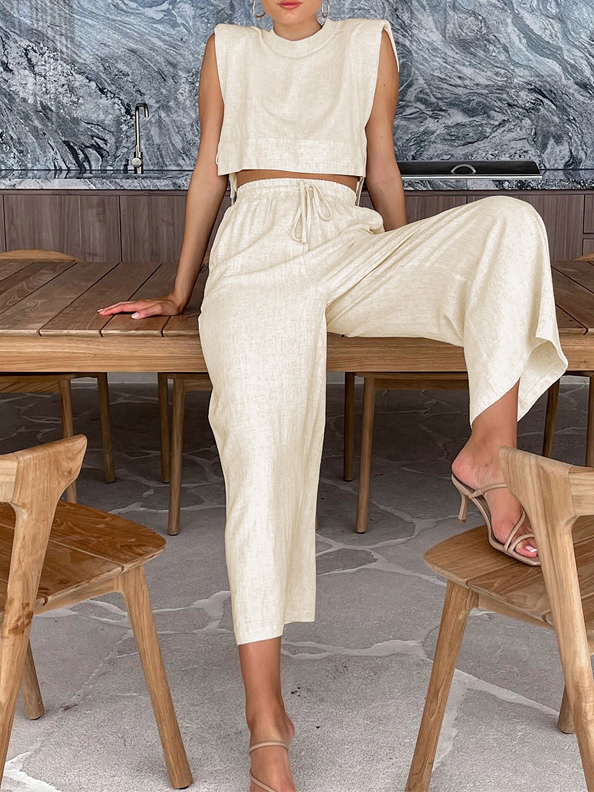 Linnen Twee Delige Wijde Pantalon Set - bellanza