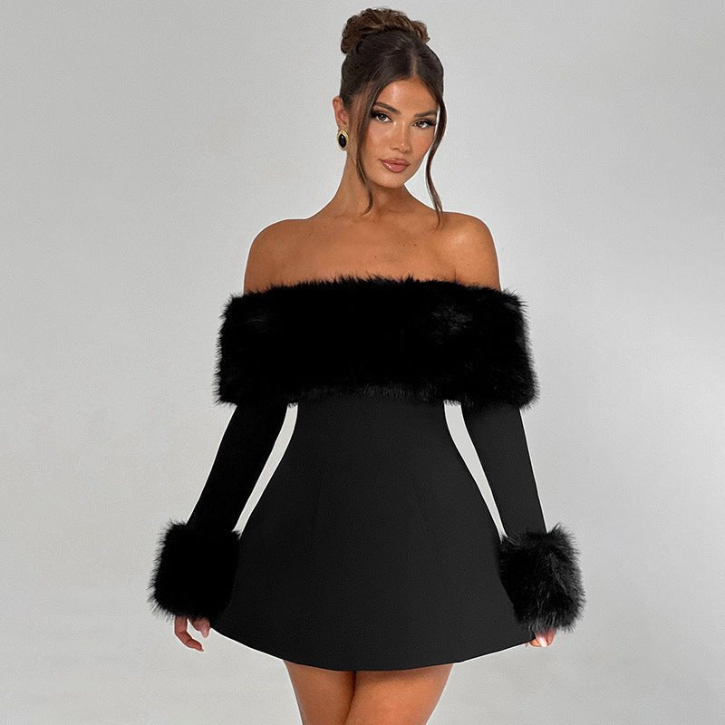 Luxe Off - Shoulder Fluwelen Dames Jurk met Lange Mouwen - bellanza