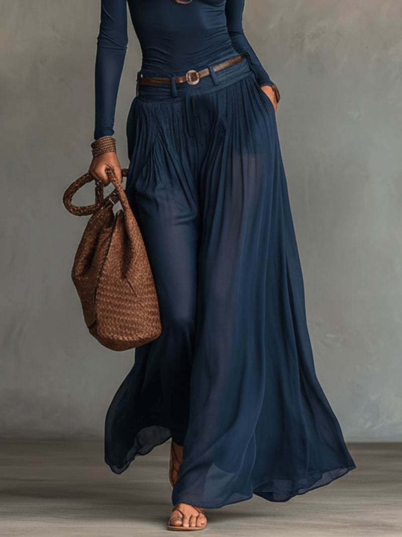 Marineblauwe Een-schouder Top En Transparante Tulle Rok Twee-delige Set (met riem) - Bellanza