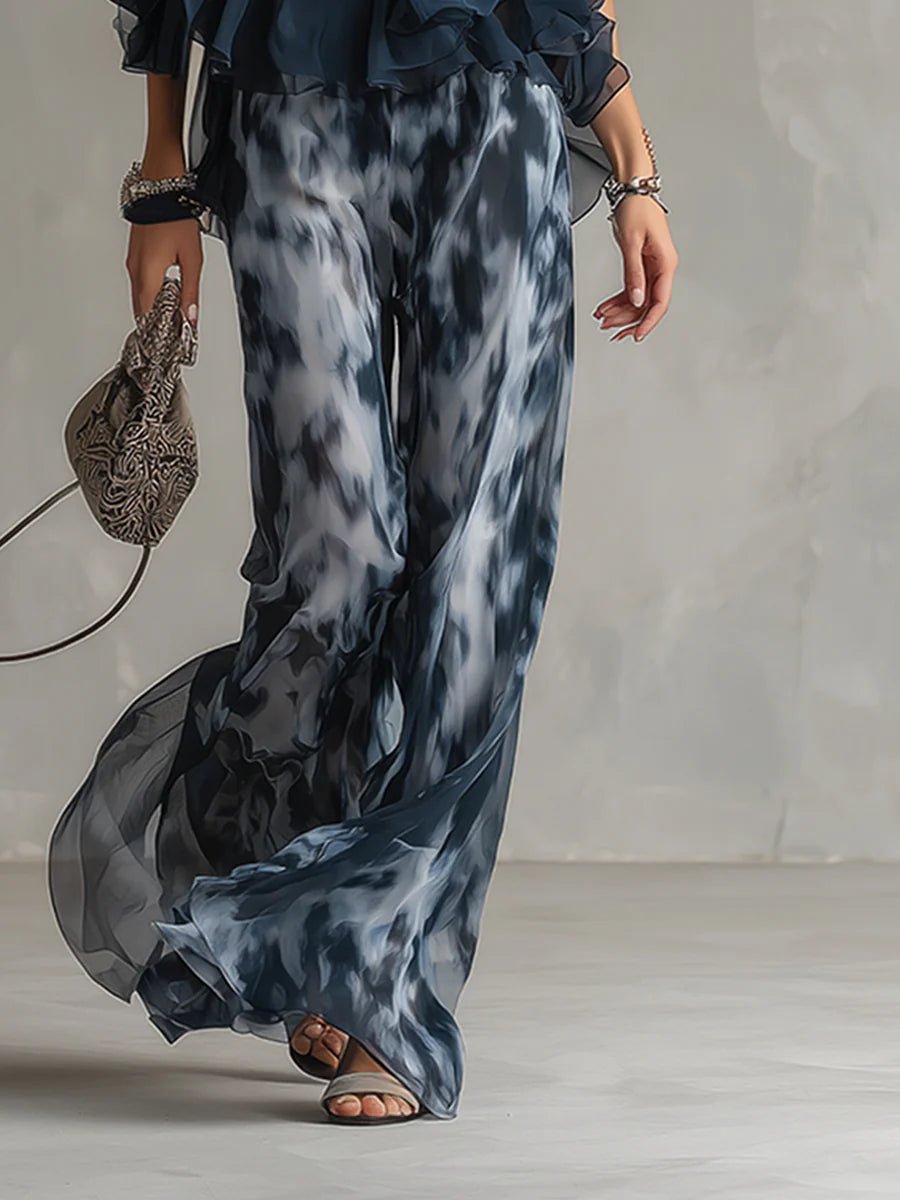 Marineblauwe Haltertop en Geprinte Wijde Broeken Chiffon Set - Bellanza