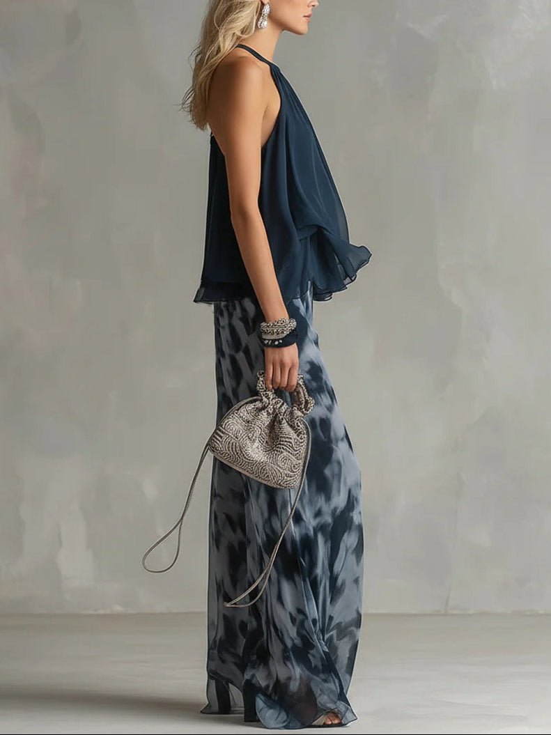 Marineblauwe Haltertop en Geprinte Wijde Broeken Chiffon Set - Bellanza