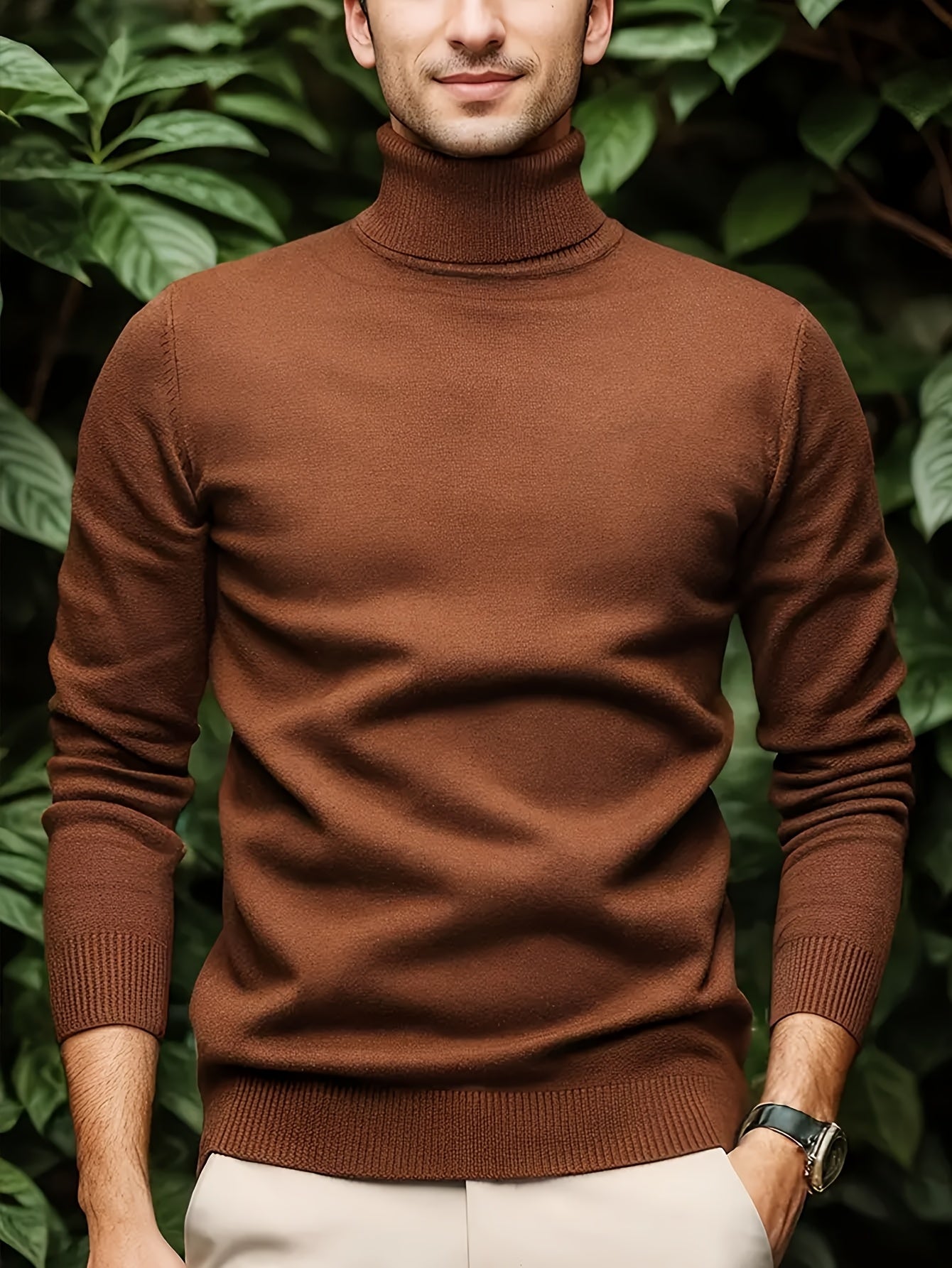 Men's Casual Solid Color Turtleneck Sweater - Soft Stretch Knit Long Sleeve Pullover for Fall Winter, Regular Fit Solid Color Versatile Top, Winter Comfort Clothing, Classic Collar Design, Comfortable Winter Wear - Bellanza