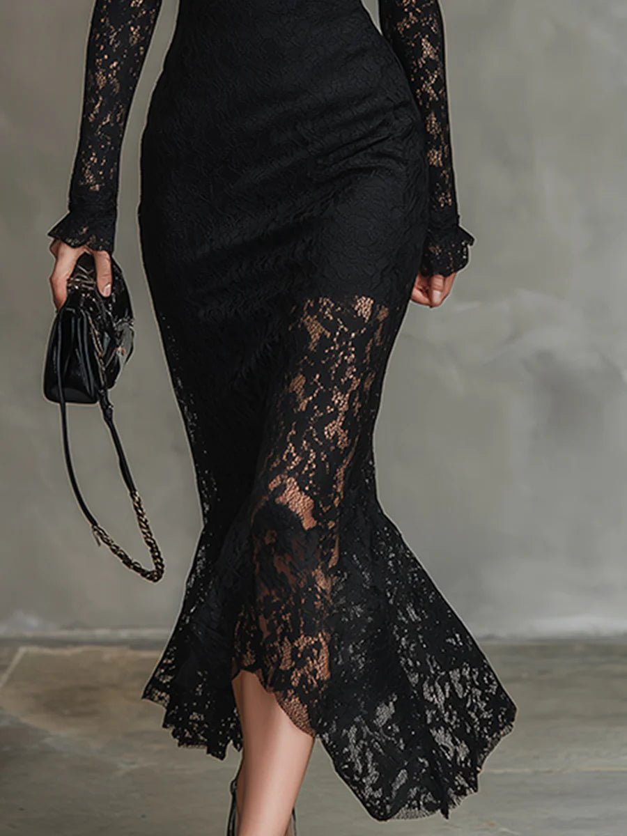Merla™ - Elegante zwarte stretch kant fishtail maxidress - Bellanza