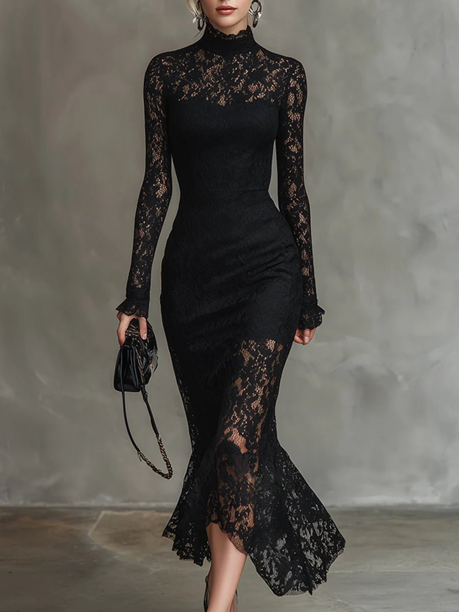 Merla™ - Elegante zwarte stretch kant fishtail maxidress - Bellanza
