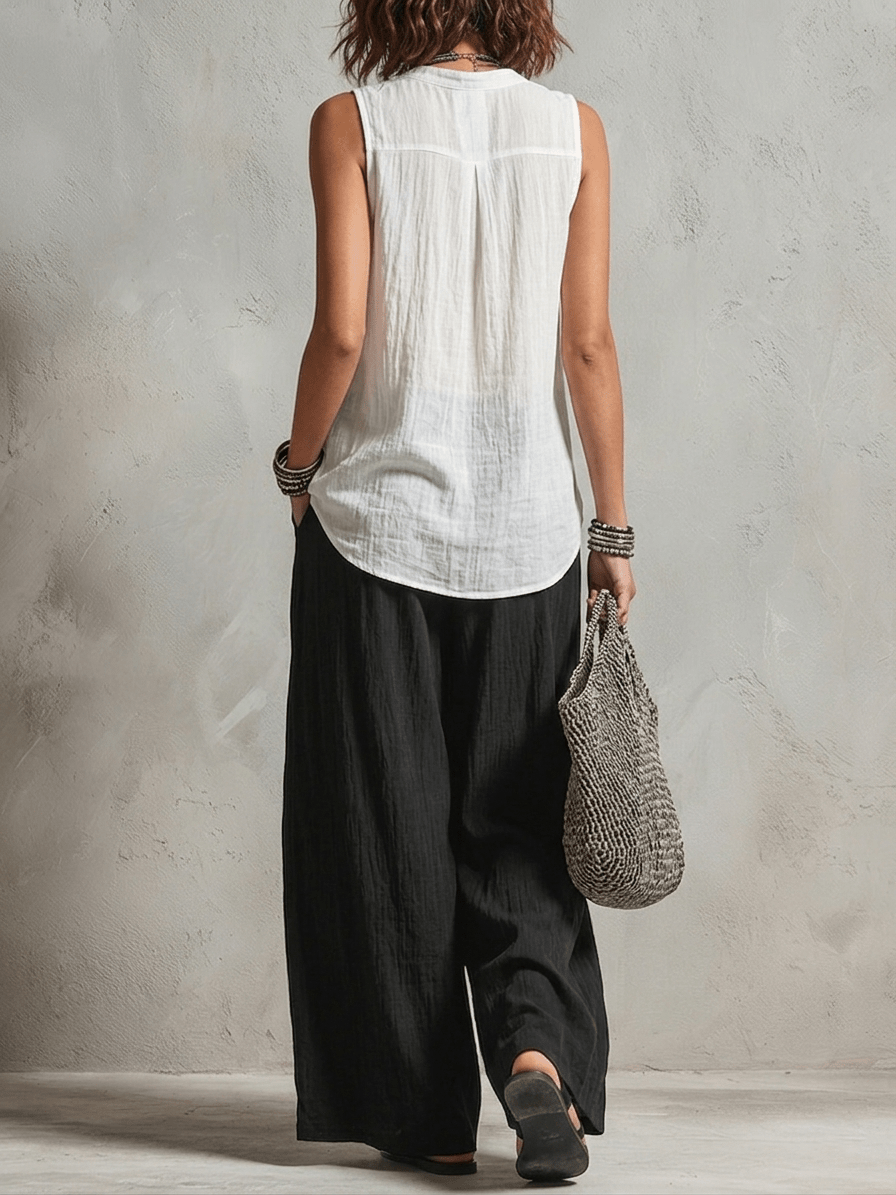 Minimalistische Laagjes Vest Cardigan En Wijde Broek Drie-delige Set - Bellanza