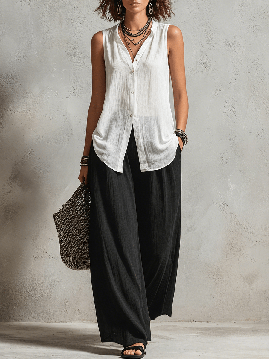 Minimalistische Laagjes Vest Cardigan En Wijde Broek Drie-delige Set - Bellanza