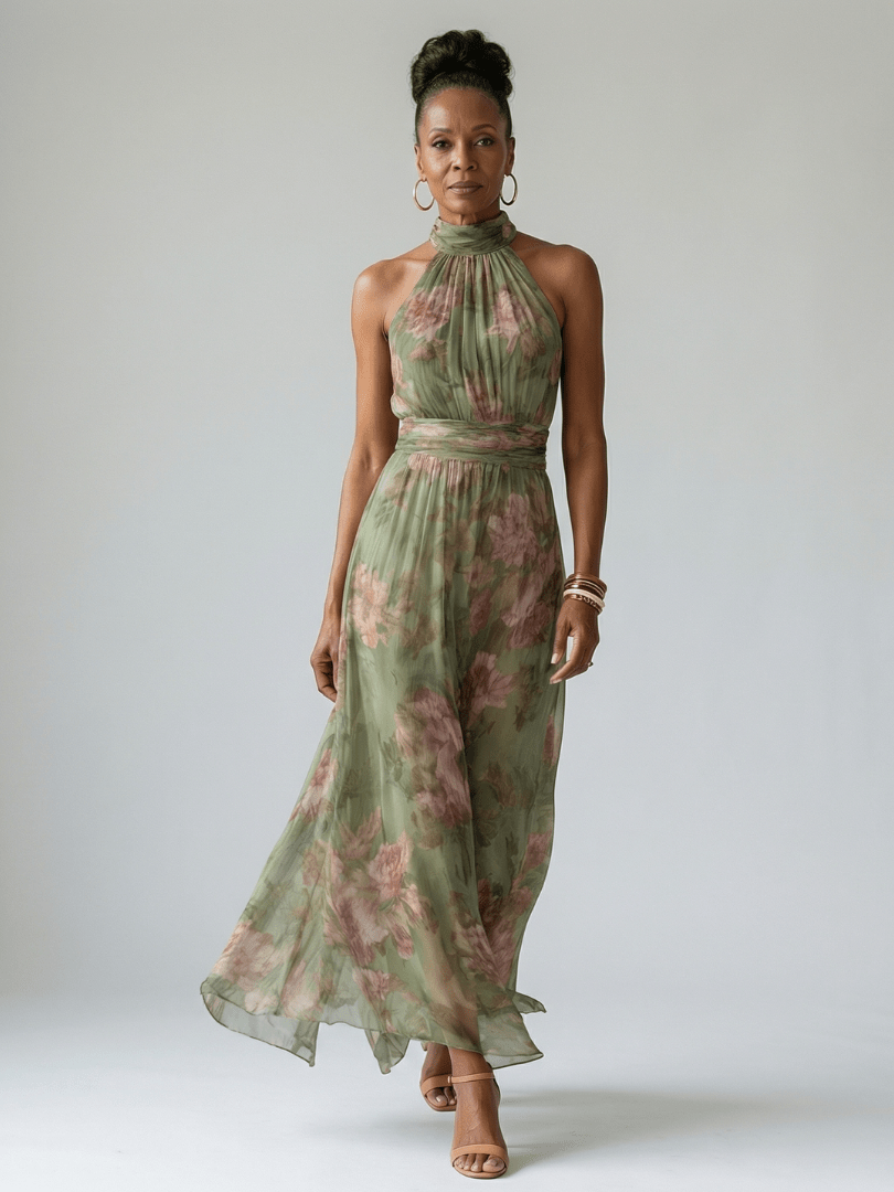 Mirelle | Midi Jurk met Halternek en Rimpeling - Bellanza