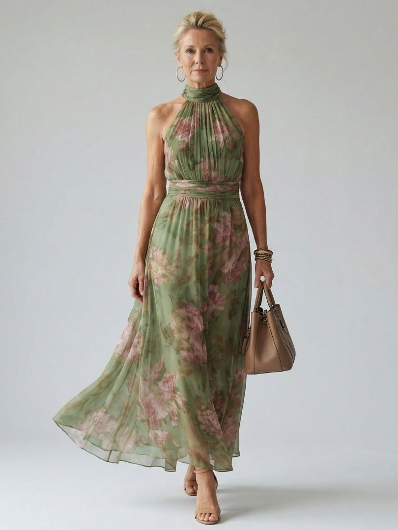 Mirelle | Midi Jurk met Halternek en Rimpeling - Bellanza