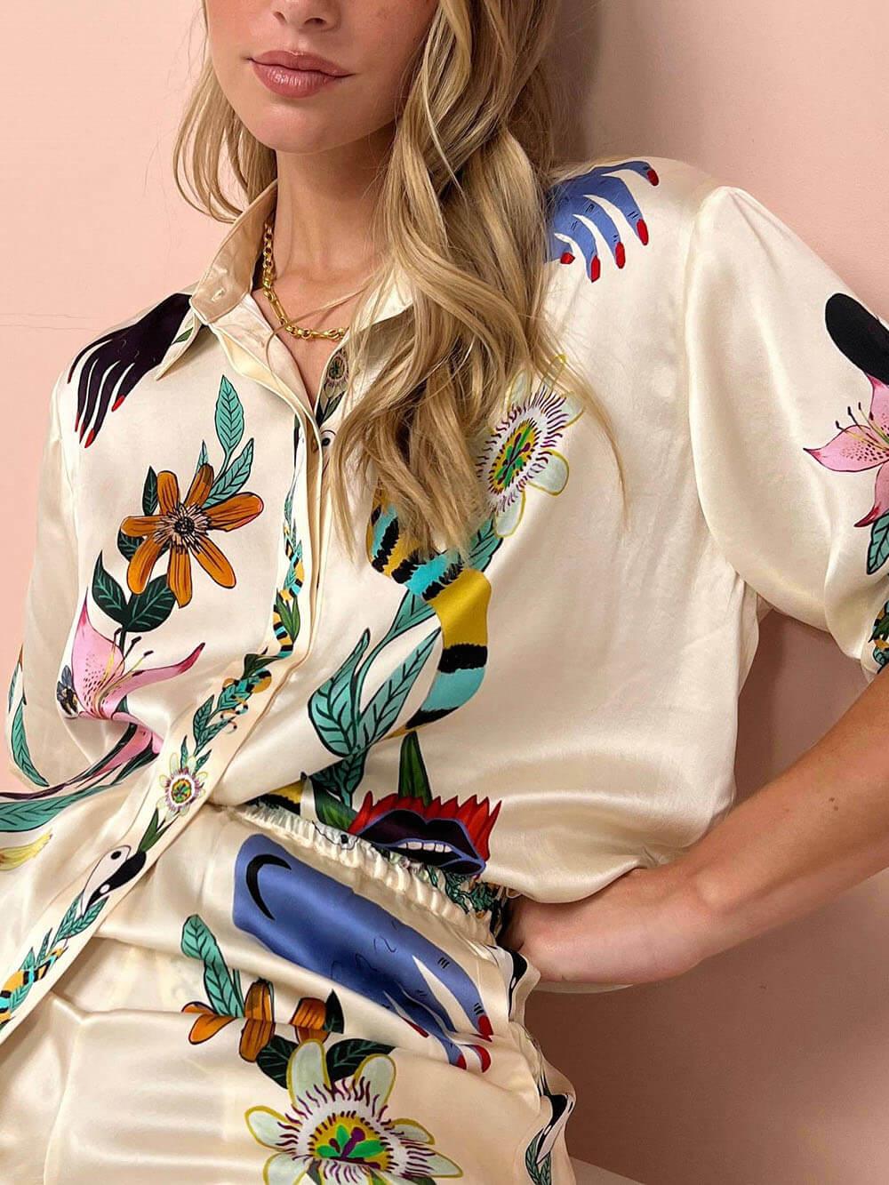 Moderne Verfijnde Satin Unieke Print Knop Blouse Oversized - bellanza