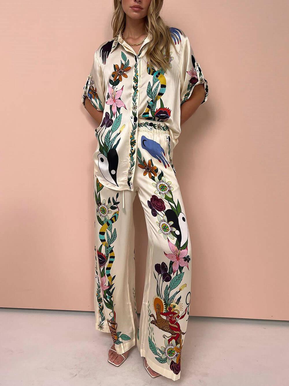 Moderne Verfijnde Satin Unieke Print Knop Blouse Oversized - bellanza