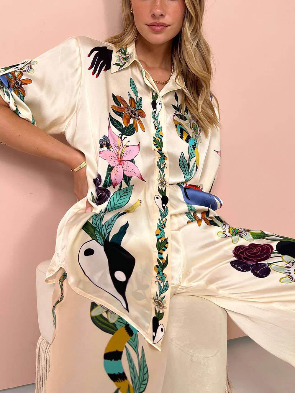 Moderne Verfijnde Satin Unieke Print Knop Blouse Oversized - bellanza