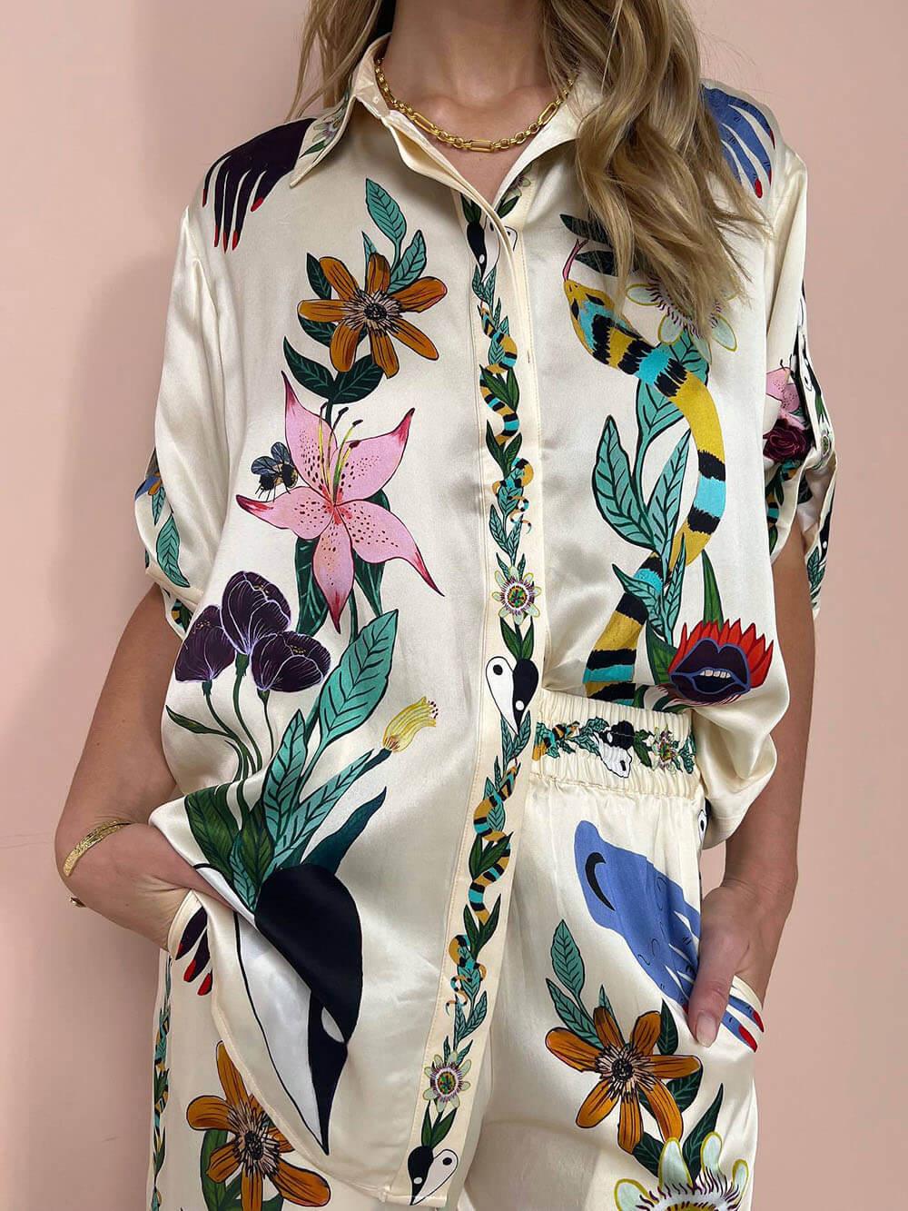 Moderne Verfijnde Satin Unieke Print Knop Blouse Oversized - bellanza