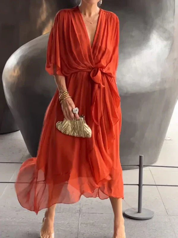 Monica - Zijde Chiffon Jurk met V - hals - bellanza