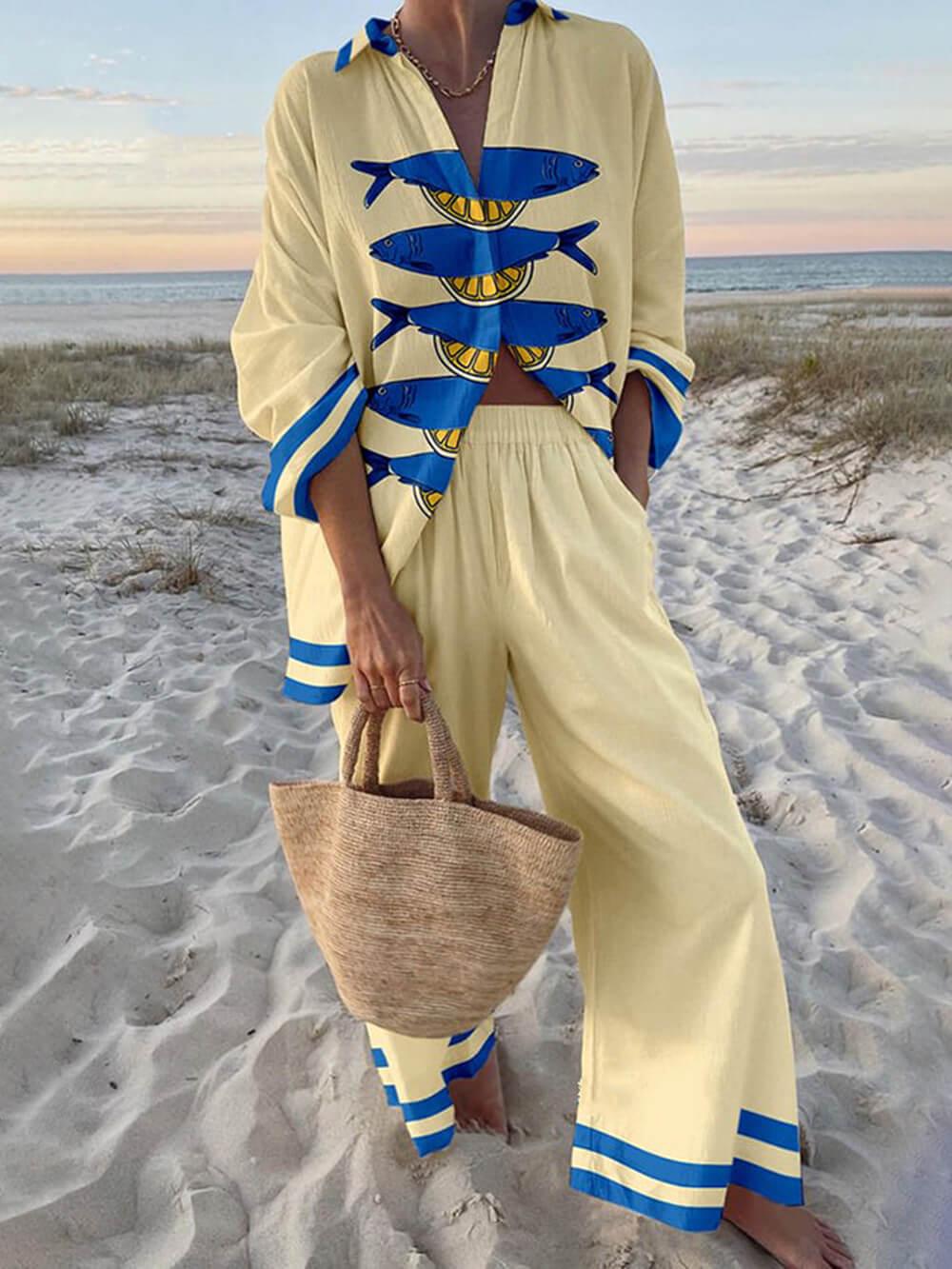 Ocean Print Oversized Shirt en Elastische Taille Pocket Broek Set - bellanza