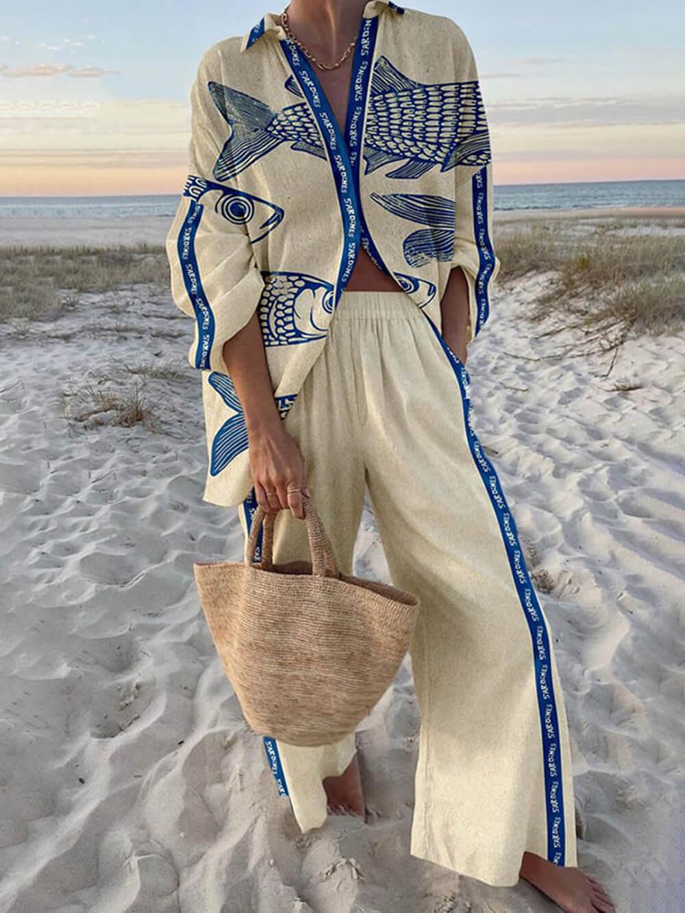 Ocean Print Oversized Shirt en Elastische Taille Pocket Broek Set - bellanza