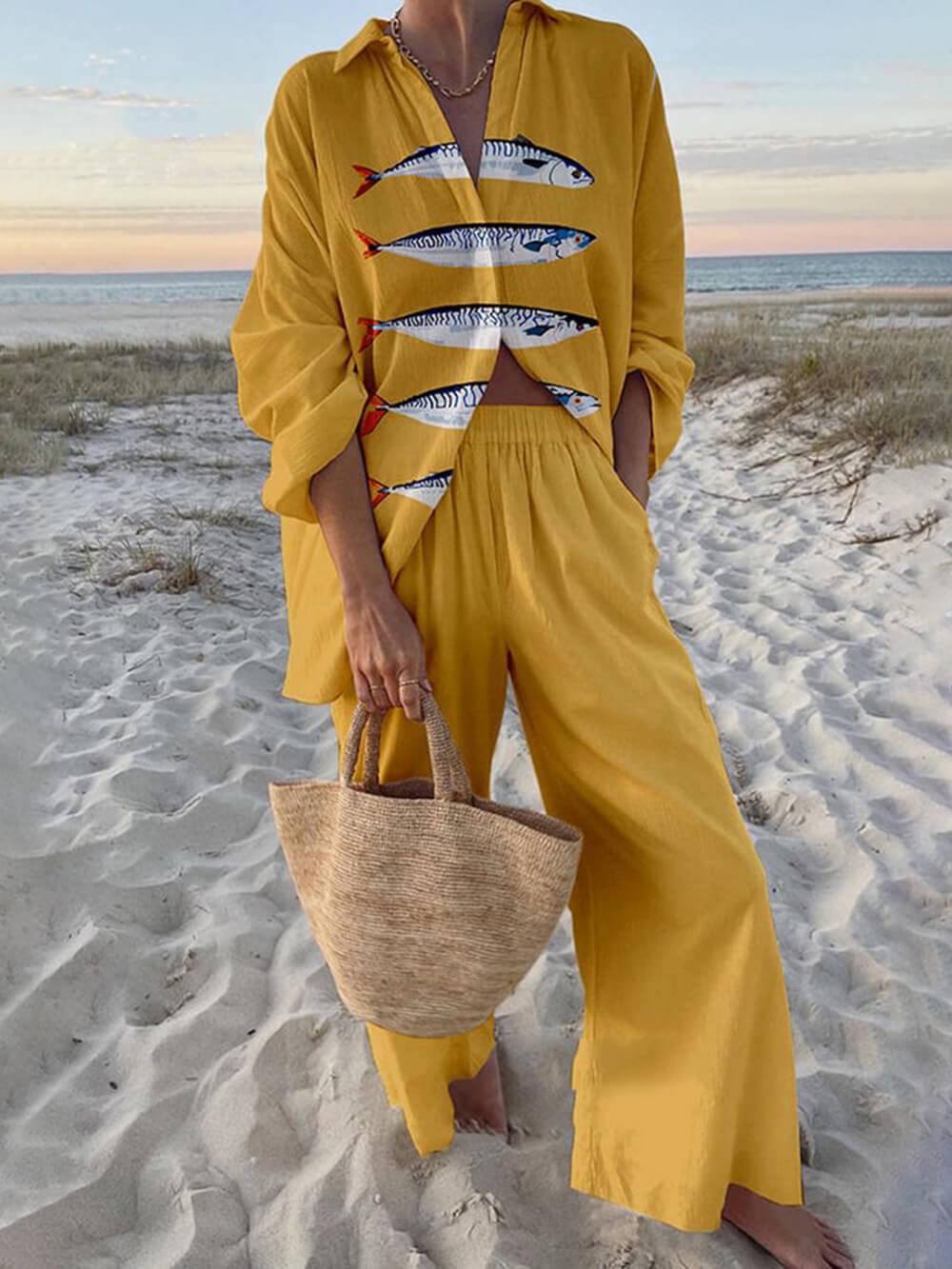 Ocean Print Oversized Shirt en Elastische Taille Pocket Broek Set - bellanza