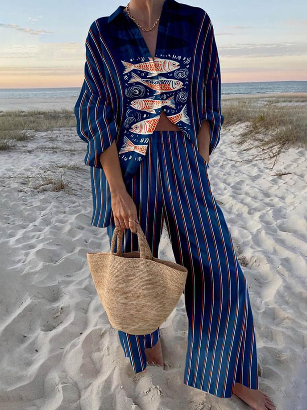 Ocean Print Oversized Shirt en Elastische Taille Pocket Broek Set - bellanza
